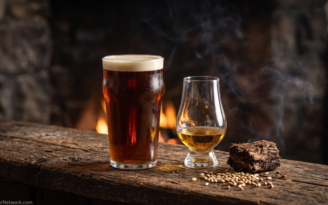 Pint of Scotch ale beside a glass of Scotch whisky, peat and malted barley