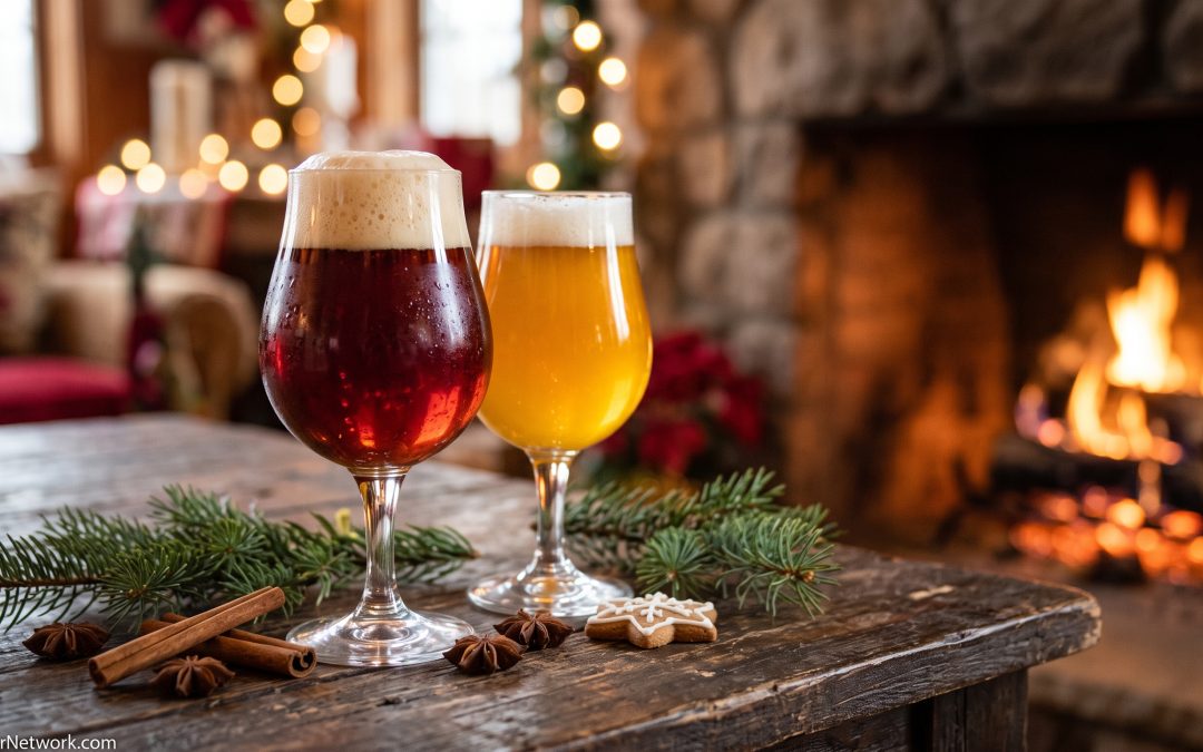 Glasses of ruby spiced winter ale and golden Belgian holiday ale by a fireplace