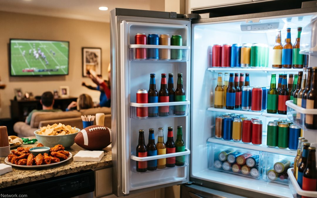 Refrigerator stocked with assorted beers for a football watch party